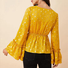 Cargar imagen en el visor de la galería, Yellow long sleeve chiffon v neck peplum blouse