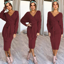 Cargar imagen en el visor de la galería, 5-color Sexy V Neck Long Sleeve Knitwear Dress with Belt