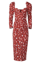 Carica l'immagine nel visualizzatore di Gallery, Abito casual midi in popeline di cotone elasticizzato con stampa floreale e maniche lunghe