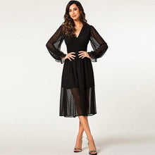 Загрузить изображение в средство просмотра галереи, factory wholesale hot puff lantern long sleeve jacquard polka dot chiffon autumn dress ladies deep V neck trendy dress