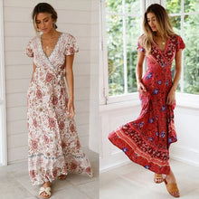Carica l'immagine nel visualizzatore di Gallery, Abito lungo da spiaggia con scollo a V, manica corta, con spacco, stampato floreale bohémien
