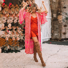 Cargar imagen en el visor de la galería, Trendy positioning printing long sleeves casual lady clothes beach boho kimono women wear with belt