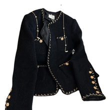 Load image into Gallery viewer, Woman Spring Autumn Black Weave Gold Bordering Round Neck Tweed Jacket