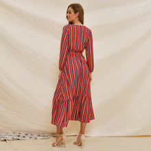 Carica l'immagine nel visualizzatore di Gallery, Long Sleeve colorful sexy V neck stripe ruffle dress - Jasmine Wei Factory Shop
