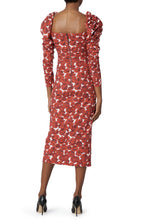 Carica l'immagine nel visualizzatore di Gallery, Abito casual midi in popeline di cotone elasticizzato con stampa floreale e maniche lunghe