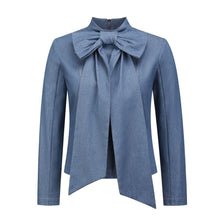 Load image into Gallery viewer, 2022 Tie Bow Collar Long Sleeve Denim Shirt
