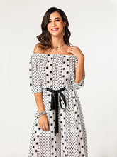 Laden Sie das Bild in den Galerie-Viewer, Off Shoulder 3/4 Sleeve Adjusted Waist Ribbon Polka Dot Long Wide Leg Jumpsuit