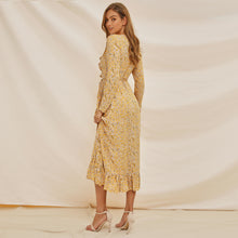 Load image into Gallery viewer, Long Sleeve Ruffle Wrap Tie Midi Dress