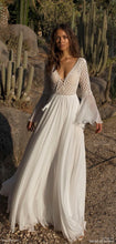 Load image into Gallery viewer, European and American style lace deep V neck bohemian dress lady frock big trumpet sleeve women ladies white dresses long
