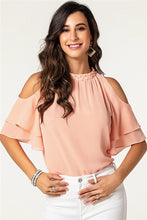 Laden Sie das Bild in den Galerie-Viewer, Pretty halter beaded neck off shoulder 2-layer short sleeve top