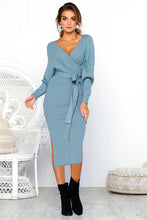 Cargar imagen en el visor de la galería, 5-color Sexy V Neck Long Sleeve Knitwear Dress with Belt