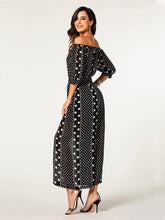 Laden Sie das Bild in den Galerie-Viewer, Off Shoulder 3/4 Sleeve Adjusted Waist Ribbon Polka Dot Long Wide Leg Jumpsuit