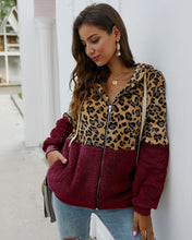 画像をギャラリービューアに読み込む, コントラスト レオパード レディース ファジー パーカー 長袖 ジップアップ スウェットシャツ フリース ジャケットとコート レディース