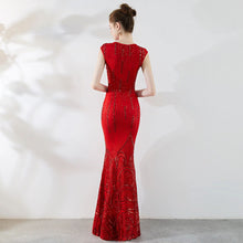 Carica l'immagine nel visualizzatore di Gallery, abito da ballo lungo con paillettes e maniche a cappuccio con scollo a V da donna