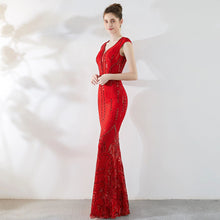 Carica l'immagine nel visualizzatore di Gallery, abito da ballo lungo con paillettes e maniche a cappuccio con scollo a V da donna