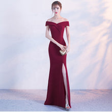 Cargar imagen en el visor de la galería, off shoulder side split party bridesmaid wear long simple lady gown korean evening dress