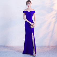 Cargar imagen en el visor de la galería, off shoulder side split party bridesmaid wear long simple lady gown korean evening dress