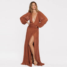 Charger l'image dans la galerie, sexy split V neck nice ruffle long sleeve maxi bohemian dress
