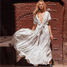 Carica l'immagine nel visualizzatore di Gallery, Abbigliamento da donna, ultima moda, scollo a V, manica corta, abito lungo estivo a righe