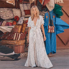 Carica l'immagine nel visualizzatore di Gallery, Abbigliamento da donna, ultima moda, scollo a V, manica corta, abito lungo estivo a righe