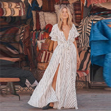 Carica l'immagine nel visualizzatore di Gallery, Abbigliamento da donna, ultima moda, scollo a V, manica corta, abito lungo estivo a righe