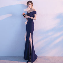 Cargar imagen en el visor de la galería, off shoulder side split party bridesmaid wear long simple lady gown korean evening dress