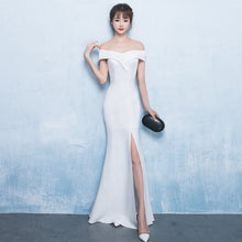 Cargar imagen en el visor de la galería, off shoulder side split party bridesmaid wear long simple lady gown korean evening dress