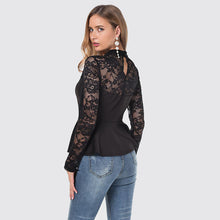 Load image into Gallery viewer, Lace spliced black flare hem blouse