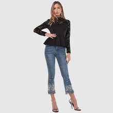 Load image into Gallery viewer, Lace spliced black flare hem blouse