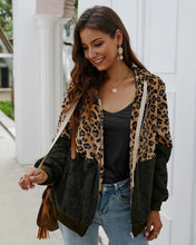 画像をギャラリービューアに読み込む, コントラスト レオパード レディース ファジー パーカー 長袖 ジップアップ スウェットシャツ フリース ジャケットとコート レディース
