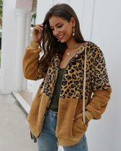 画像をギャラリービューアに読み込む, コントラスト レオパード レディース ファジー パーカー 長袖 ジップアップ スウェットシャツ フリース ジャケットとコート レディース