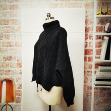 Charger l'image dans la galerie, Latest elegant high quality fashionable cable pattern turtle neck slit hem wool loose short sweater for women