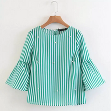 Laden Sie das Bild in den Galerie-Viewer, 3/4 Flare Sleeve Pearl Striped Blouse