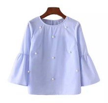 Laden Sie das Bild in den Galerie-Viewer, 3/4 Flare Sleeve Pearl Striped Blouse