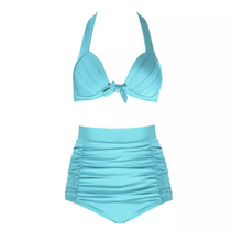 Load image into Gallery viewer, factory hot sale beachwear women new 2-piece swimwear high waist halter bikini with neck tie
