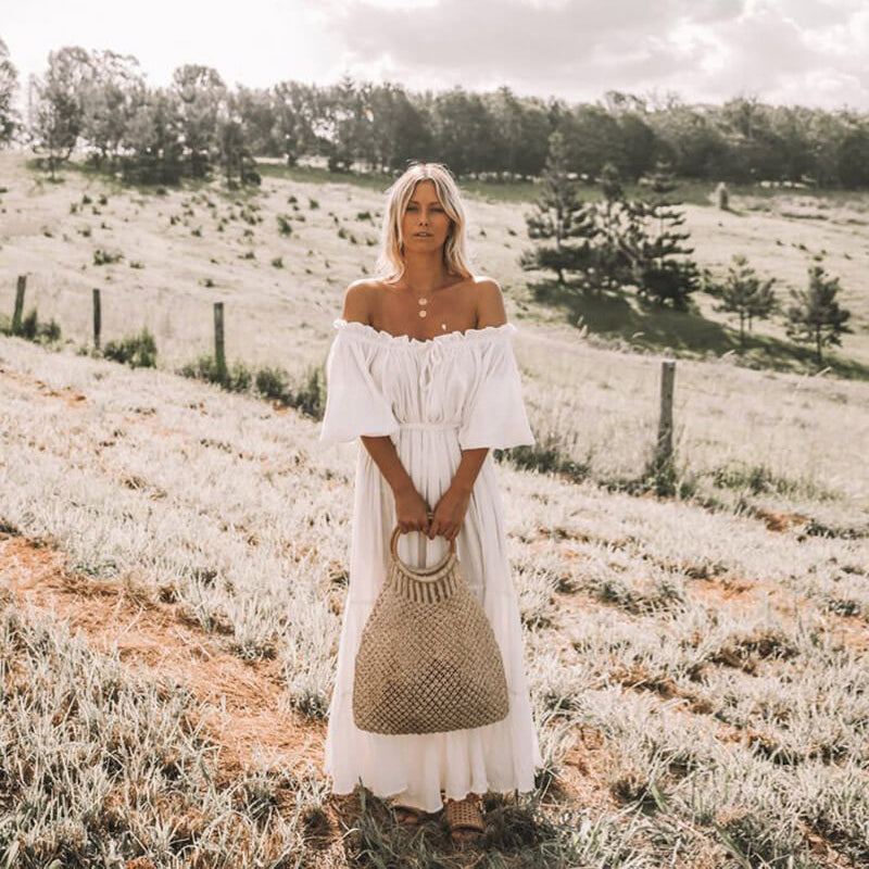 white off shoulder maxi bohemian dress  Jasmine Wei Factory Shop