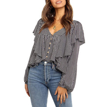 Загрузить изображение в средство просмотра галереи, Stripe V neck ruffle blouse
