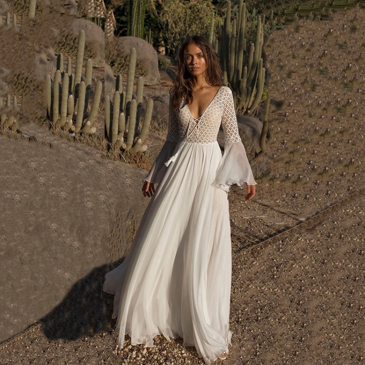 European and American style lace deep V neck bohemian dress lady frock –  Jasmine Wei Factory Shop