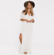 Load image into Gallery viewer, Simple comfortable pure color loose wear button deep V-neck split long casual woman dress