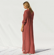 Load image into Gallery viewer, Simple comfortable pure color loose wear button deep V-neck split long casual woman dress