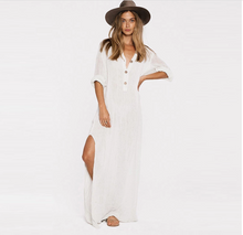 Load image into Gallery viewer, Simple comfortable pure color loose wear button deep V-neck split long casual woman dress