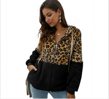 画像をギャラリービューアに読み込む, コントラスト レオパード レディース ファジー パーカー 長袖 ジップアップ スウェットシャツ フリース ジャケットとコート レディース