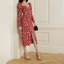 Carica l'immagine nel visualizzatore di Gallery, Abito casual midi in popeline di cotone elasticizzato con stampa floreale e maniche lunghe