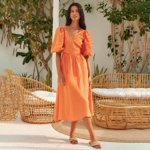 Cotton Puff Sleeve Wrap Tie Dress