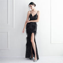 Load image into Gallery viewer, Positional Embroidery Sequin Beads Spaghetti Feather Long Slim Evening Dress

