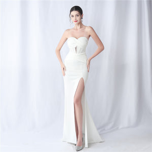 Boning Satin Slim Waist Strapless Ruched Train Evening Dress