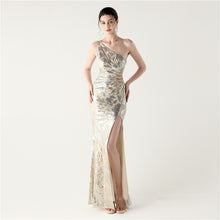 Load image into Gallery viewer, One Shoulder Cutout Slit Sequin Evening Dress
