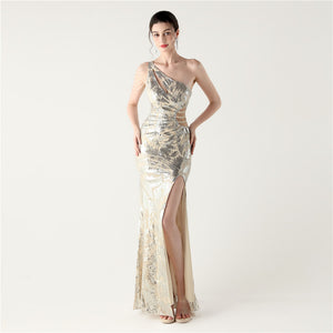 One Shoulder Cutout Slit Sequin Evening Dress
