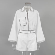 画像をギャラリービューアに読み込む, Women Cotton Linen Black White Contrast Shirt Shorts Two Piece Set
