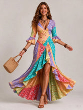 Load image into Gallery viewer, 2026 New Women Vintage Floral Print Wrap Maxi Dress, Elegant V Neck 3/4 Flare Sleeve Asymmetrical Ruffle Hem Long Dress, Boho Evening Vacation Gown
